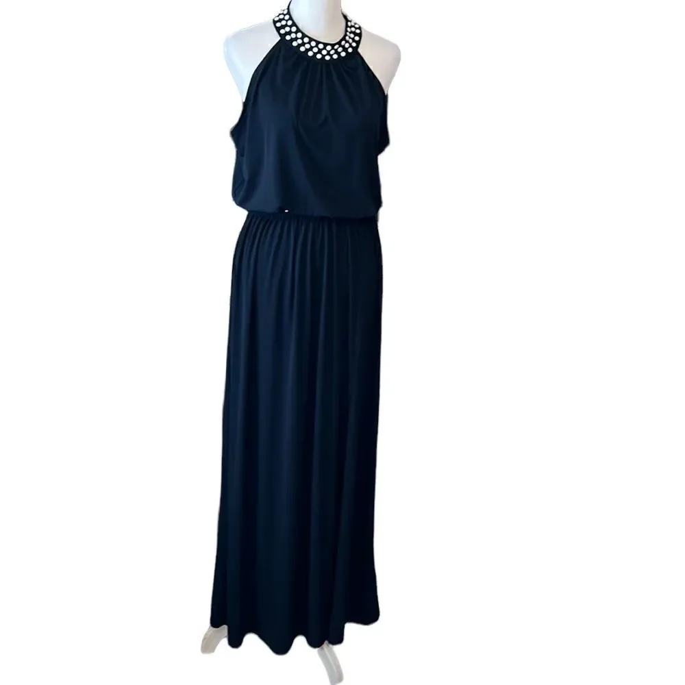 Gorgeous Micheal Kors navy blue sleeveless maxi white beads around neck & waist
